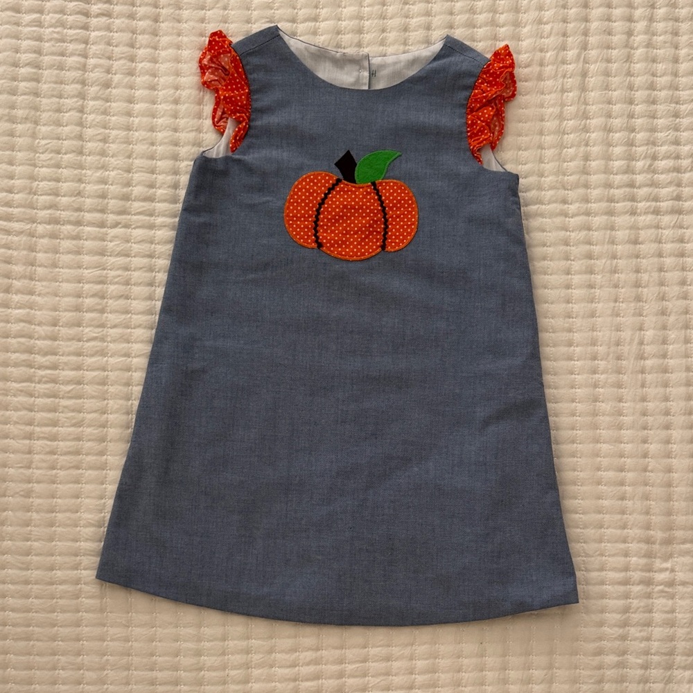 Kelly's Kids Denim Dress with Orange Pumpkin and Red Accents